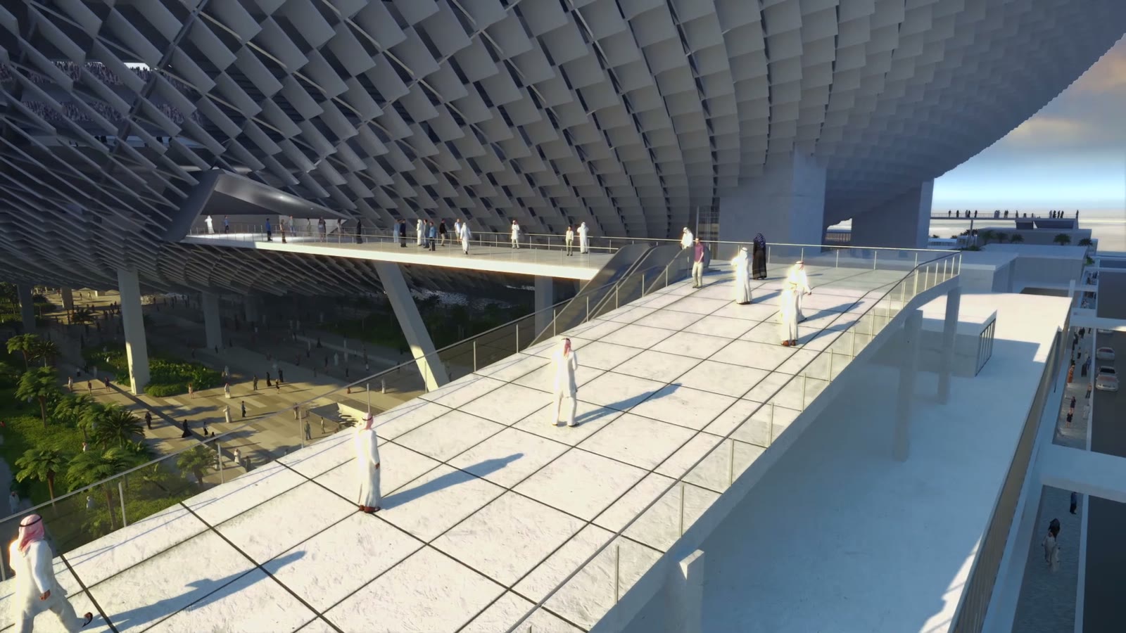 Dubai Stadium — Concourse beneath the lattice shell.